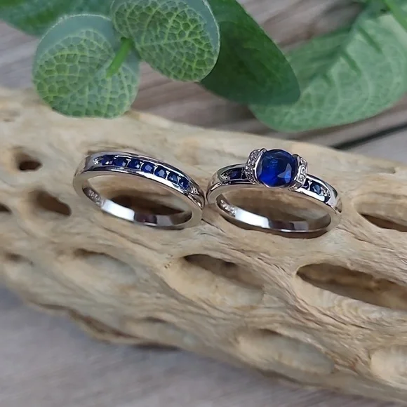 BLUE SAPPHIRE AND SILVER TWO PIECE RING SET - Picture 1 of 8